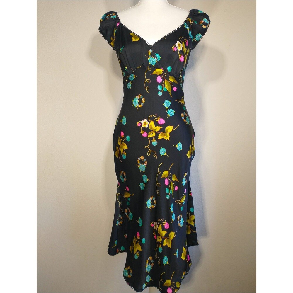 Vtg 90s Betsey Johnson Black Silk Strawberry Fruit Milkmaid Slip Dress 6 Midi